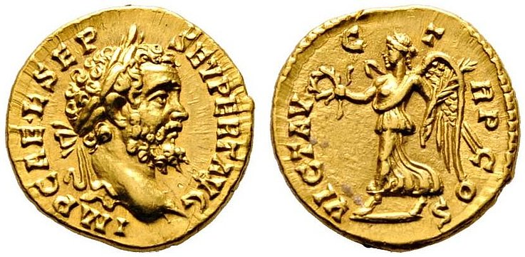 Septimius Severus Aureus - wertvolle antike römische Goldmünze